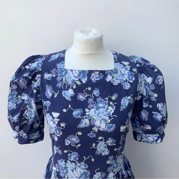Vintage Laura Ashley UK 14 Cotton Tea Dress Blue Floral Puff Sleeve Square Neck - Picture 2 of 12
